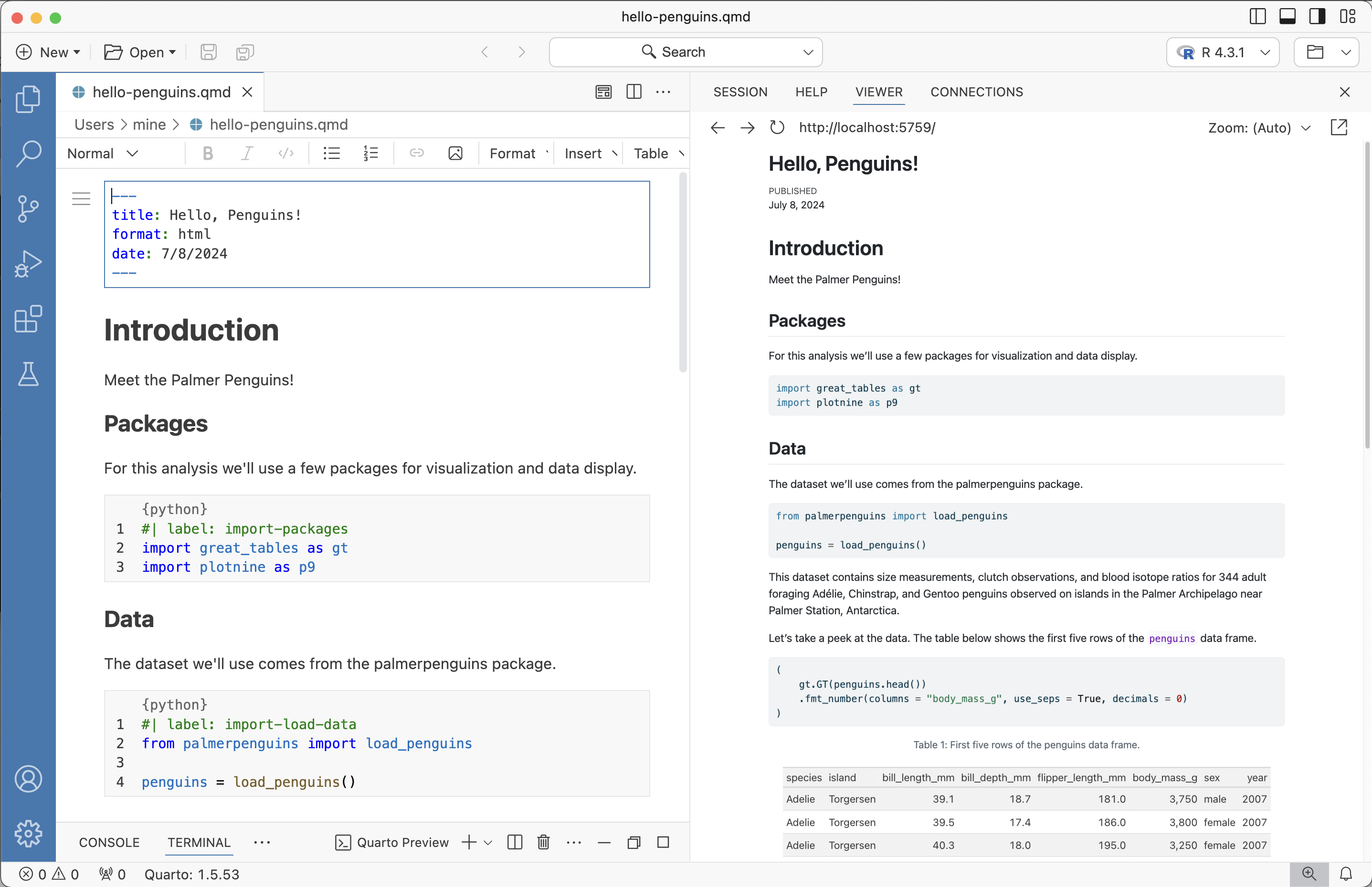 A screenshot of a Quarto document rendered inside Positron